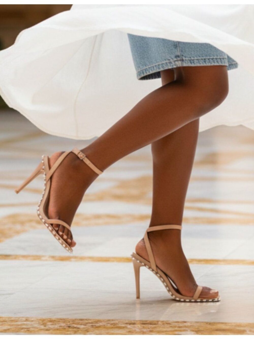 Nude Stiletto Heels With Pearl Embellishments & Adjustable Ankle Strap